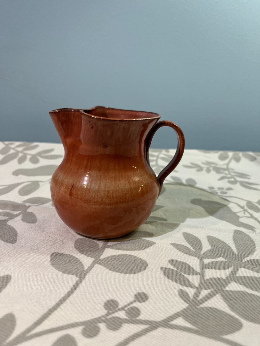 Hand Thrown Studio Pottery Creamer Brown Flambe Glaze Pitcher Signed 1986